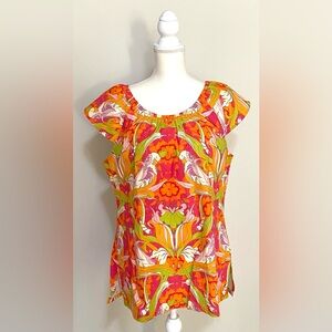 Haley & the Hound Womens XL Orange Floral Tropical Print Top Boho Classic Preppy